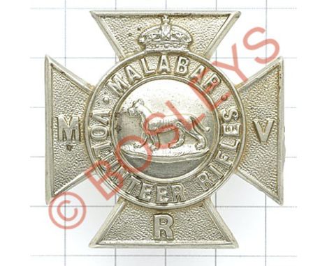 Indian Army. Malabar Volunteer Rifles Victorian head-dress badge.A good die-stamped white metal British made Maltese cross ex