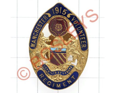 Manchester Volunteer Regiment 1914 VTC lapel  badgeElliptical design in red, dark blue and light blue enamels, Arms of Manche