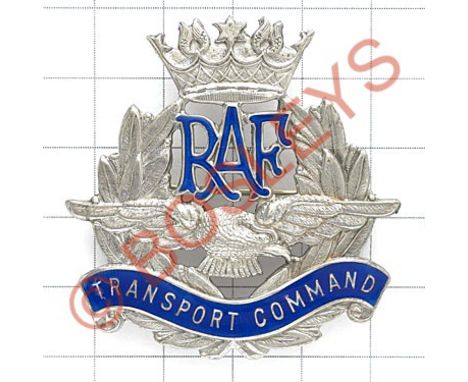 RAF Transport Command WW2 silver and blue enamel cap badge circa 1943-45.A good scarce example bearing silver Scully logo Scu