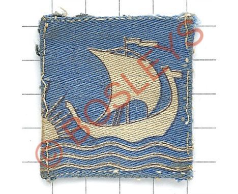 British Troops in Norway WW2 printed cloth formation sign.White Viking ship and sunrise printed on light blue rectangle.   VG