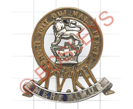 15th King's Hussars Victorian Officer's cap badge circa 1896-1901.Rare die-cast silver, gilt and with blue enamel.  Three loo