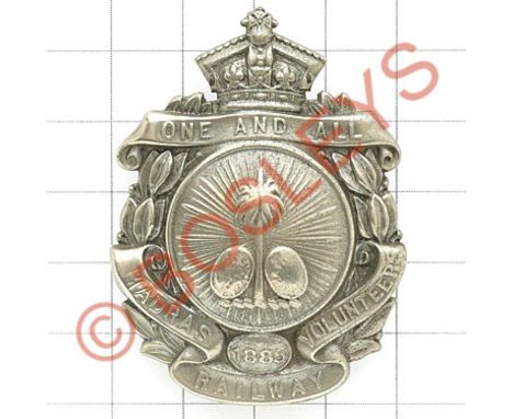 Indian Army. Madras Railway Volunteers head-dress badge.A scarce die-stamped white metal British made example with palm tree 