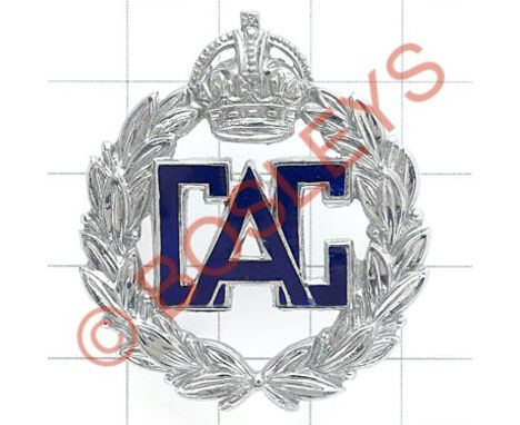WW2 Civil Air Guard chrome and blue enamel cap badge.Die-stamped chrome crowned laurel sprays; blue enamel CAG to voided cent