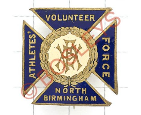 Athletes Volunteer Force North Birmingham WW1 VTC mufti badgeBlue enamel Maltese cross, the arms bearing unit's title ; 'AVF'