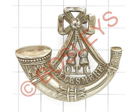 Ellesmere College OTC Shropshire cap badge.Die-stamped white metal strung bugle with 'OTC / Ellesmere' between the cords. (KK
