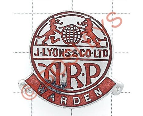 J. Lyons & Co. Ltd. ARP Warden WW2 enamel lapel badge Chrome and red enamel example. Reverse with issue number. Thomas Fattor