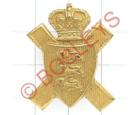 Royal Jersey Light Infantry Victorian Channel Islands Officer's cap badge.Die-stamped rich gilt. Saltire superimposed with cr