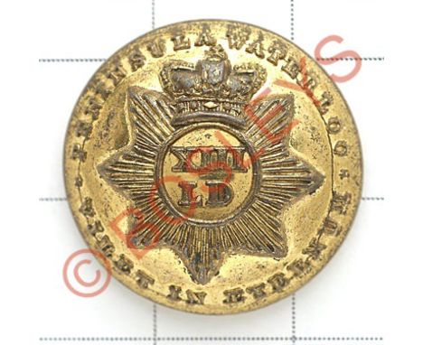 13th Light Dragoons Victorian Officer's gilt closed-back coatee button.Crowned star, XIII over LD to centre. 'Peninsula Water