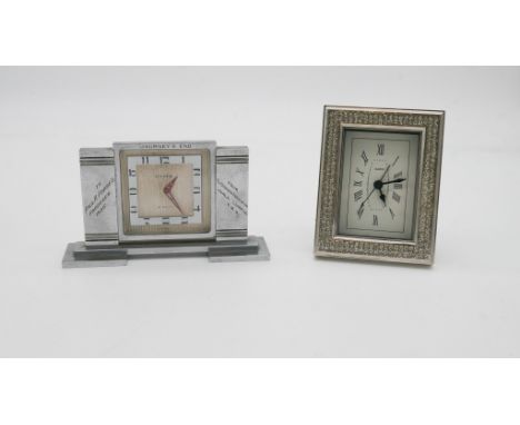 Two clocks. One Art Deco vintage CYMA 8 days chrome mantle clock with engraved inscription. (no winder) The other a contempor