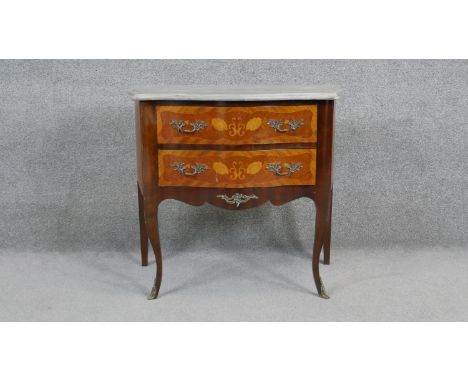 A small Louis XV style walnut and satinwood inlaid marble topped commode with ormolu mounts on cabriole supports. H.78. W.70 
