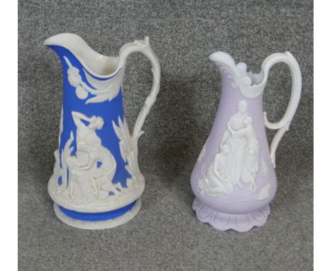 Two 19th century Jasperware ceramic Samuel Alcock jugs. One lavender parian with Naomi &amp; her daughters in law and the oth