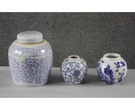 Three blue and white ceramic ginger jars. One Burleigh ironstone with Oriental design along with two other ginger jars. H.21 
