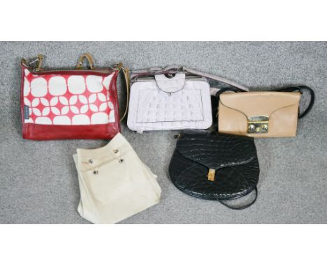 A collection of vintage handbags. Including a pony hair Orla Kiely red leather handbag, a Charles Jourdan black alligator lea