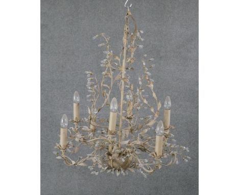 A large vintage toleware foliate design and crystal flower six branch chandelier. H.85 W.70cm 
