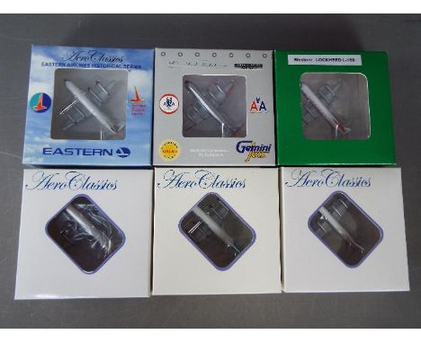 Aero Classics, Gemini Jets - Six boxed Lockheed L-188 Electra diecast model aircraft in 1:400 scale. Lot includes Gemini Jets