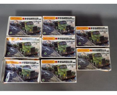 Matchbox - A regiment of 8 Matchbox 1:72 scale #40174 M-19 Tank Transporter plastic model kits. The kits appear to be unmade 