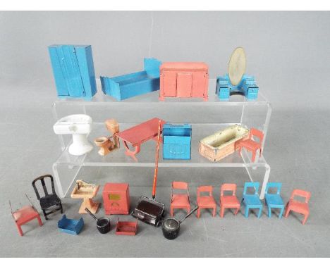 Holdfast, AS. Cartwright, Dinky Toys, Other - An unboxed group of vintage doll's house tinplate and diecast furniture, circa 