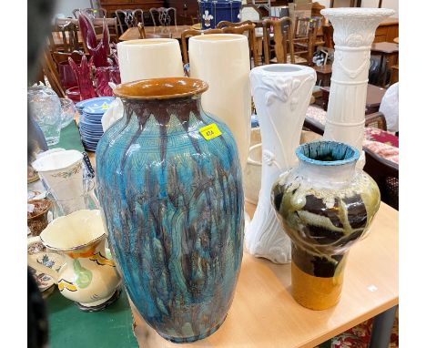 A Chinese stoneware vase with incised decoration (rim at fault); studio pottery vase signed CMR + various ceramic stands etc.