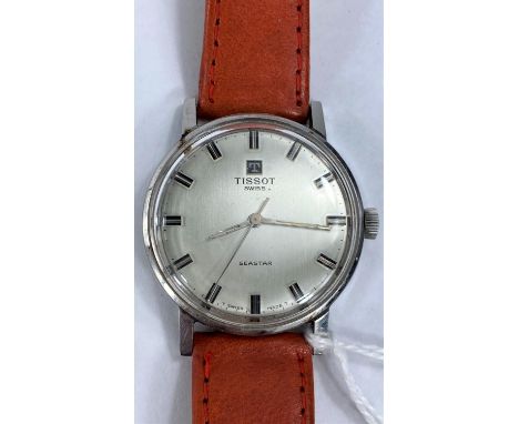 A gent's vintage Tissot "Seastar" wristwatch in stainless steel, on brown leather strap Visually in good condition but not ru