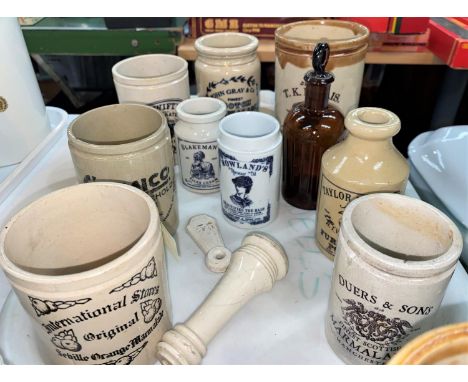 Nine assorted stoneware advertising jars, some reproductions; a WC ceramic pull handle; a brown medicine bottle with stopper