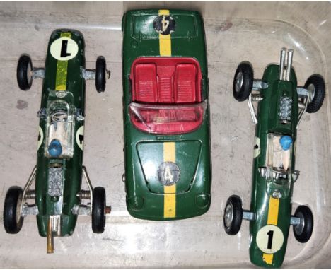 3 vintage Corgi racing cars "Lotus Climax Formula 1" 318 Lotus Elan 52", 158 "Lotus Climax 158" 