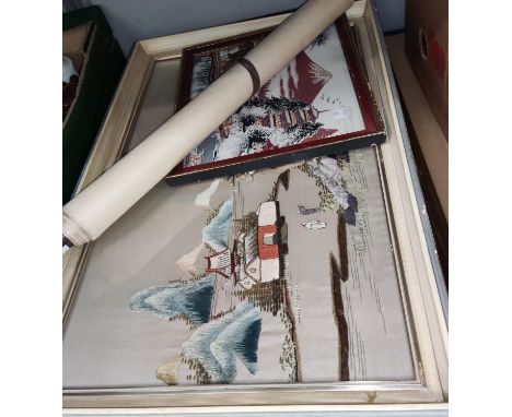 Three Chinese needlework pictures, framed and gazed; a Chinese picture on silk; 2 large fans; a scroll 
