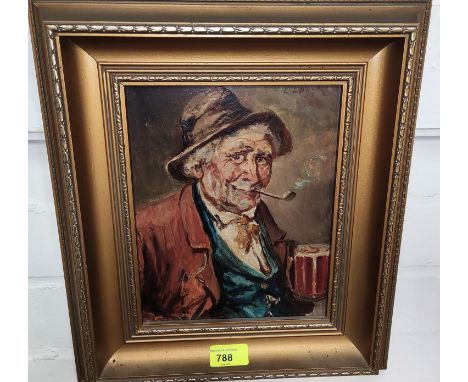 A continental school oil on board, half length portrait of an old man with a pipe and beer in gilt frame, 23 x 18cm and a pri
