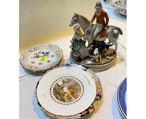 A bisque group:&nbsp; huntsman and milkmaid; 2 Dresden plates; etc. 