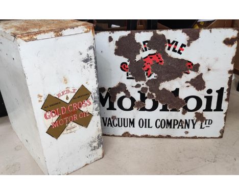 A vintage double sided enamel metal advertising sign for Mobiloil Vacuum Oil Company, with red and black gargoyle logo (ruste