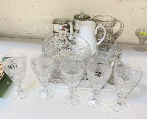 A Royal Worcester jug, similar china and various glass jugs etc.;&nbsp; &nbsp;5 large cut glass wine glasses. 