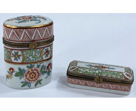 Two pieces of hand painted French porcelain,&nbsp;a patch box and a sewing case, stamped Porcelain Vinemus France, Limoges Fr