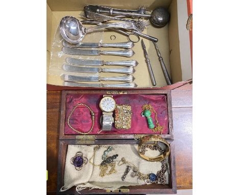 A selection of vintage costume jewellery and a selection of cutlery etc 