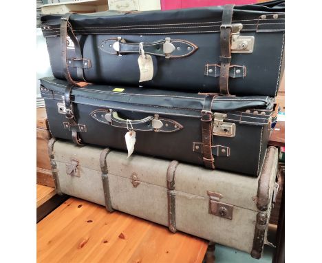 A wood bound cabin trunk; a wardrobe case and vintage luggage 