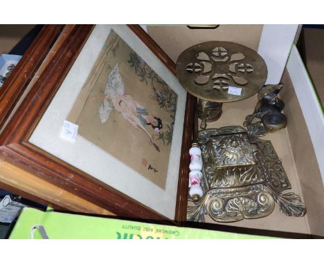 An Art Nouveau style brass inkwell, other brassware, Japanese silk watercolour etc 