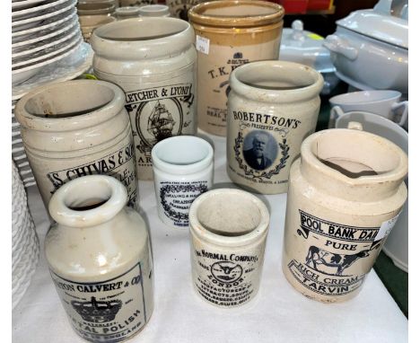 Eight assorted pottery storage jars for:&nbsp; S Chivas &amp; Sons; Robertson's; Fletcher &amp; Lyons (T K Bellis Real Turtle