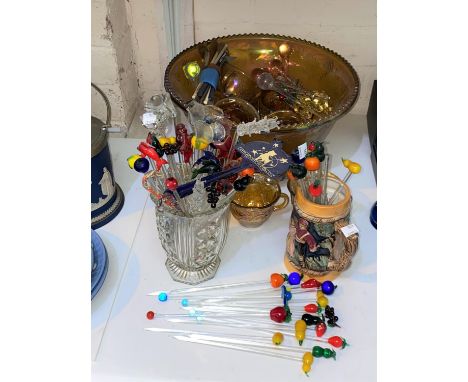 An orange lustre carnival glass punch set with matching cup and a set of vintage cocktail stirring sticks with novelty finial