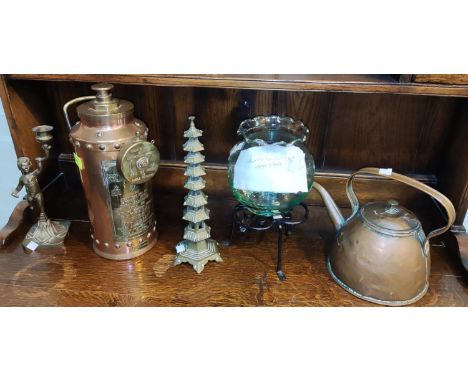 A vintage copper and brass fire extinguisher and metalware 