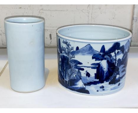 A Chinese blue and white circular bowl decorated with traditional scenes, diameter 20cm; a Chinese white ceramic brush pot wi