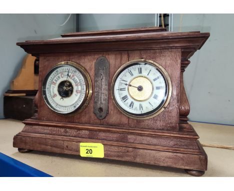 A mantel clock and barometer in stained wood case, no thermometer 