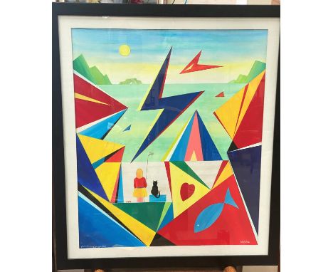 D Wilde, Northern Artist:&nbsp; "Homage to the Slate God", modern abstract of seascape and figure, gouache, signed, 56 x 47 c
