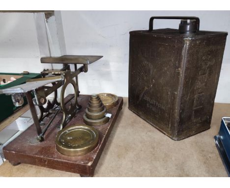 A 19th century pair of large brass postage scales with 9 graduating weights, 4lb - 1/2 oz, on mahogany plinth; a vintage petr