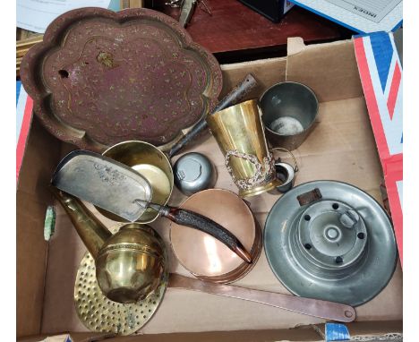 A large 19th century pewter inkwell, another, an unusual copper mounted brass beaker, other metalware 