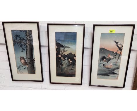Three Japanese prints signed, one of an owl, one of a rooster and one of a night street scene 