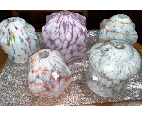 A 1920's mottled glass light shade and 5 1920's mottled glass lamp shades 