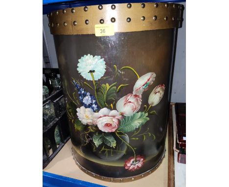A vintage semi-circular storage bin, hand painted; a lacquer box (a.f.); a tin box; a roll top plastic pencil case in box; a 