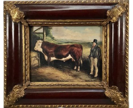 L. Beattie, late 20th century print laid on board - A gentleman farmer and his prize bull by a barn, printed signature, 19cm 