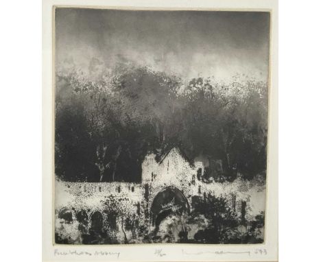 Norman Ackroyd (1938-2024) copper plate etching - Buildwas Abbey (Shropshire) 1993, signed and numbered below 31/60, 17cm x 1
