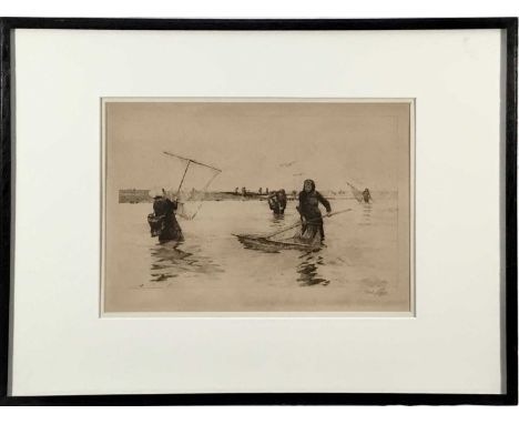 Lionel Percy Smythe (1839-1918) signed monochrome etching - Boulogne Shrimpers, Artists Proof, 18cm x 29cm, in glazed frame