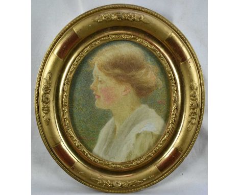 Constance Phillott (1842-1931) watercolour - Portrait of a Lady, signed and dated 1916, 17cm x 14cm, in oval glazed gilt fram