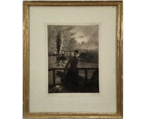 Norbert Goeneutte (1854-1894) drypoint etching - Woman on the Pier, signed and inscribed below, with stamp, 20cm x 14.5cm, in